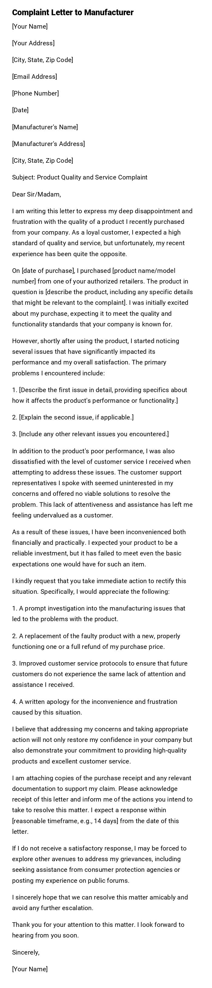 Complaint Letter to Manufacturer