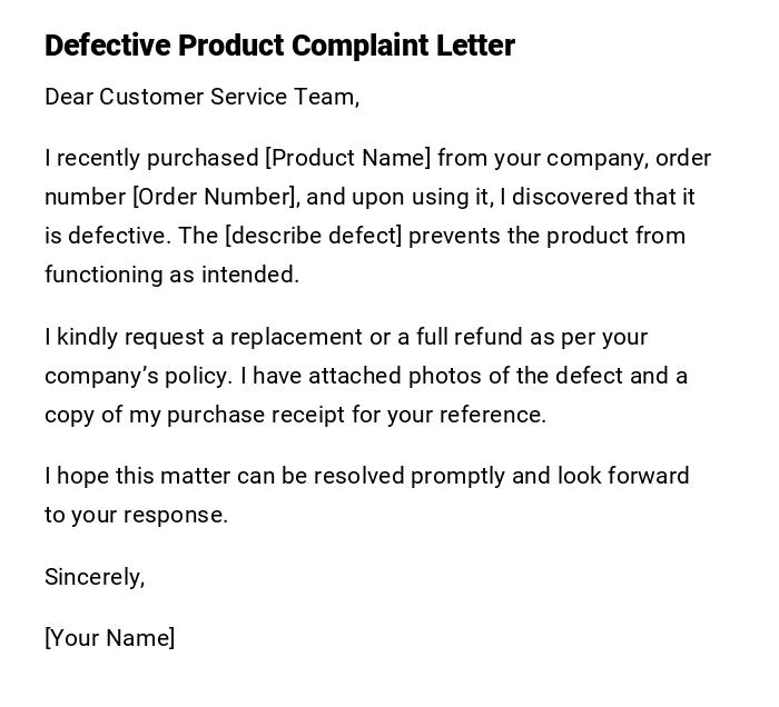 Defective Product Complaint Letter Defective Product Complaint Letter