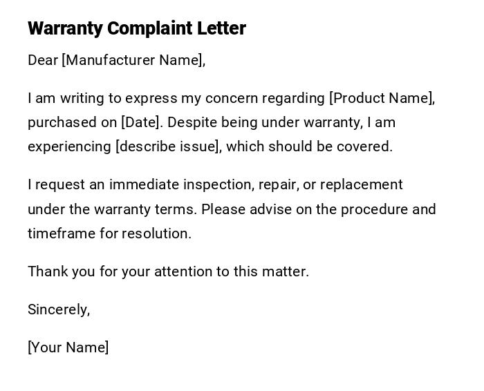 Warranty Complaint Letter Warranty Complaint Letter