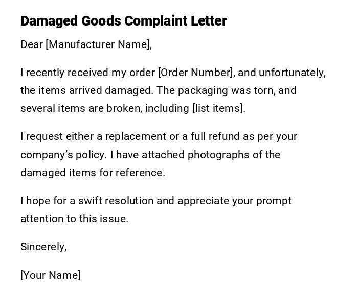Damaged Goods Complaint Letter Damaged Goods Complaint Letter