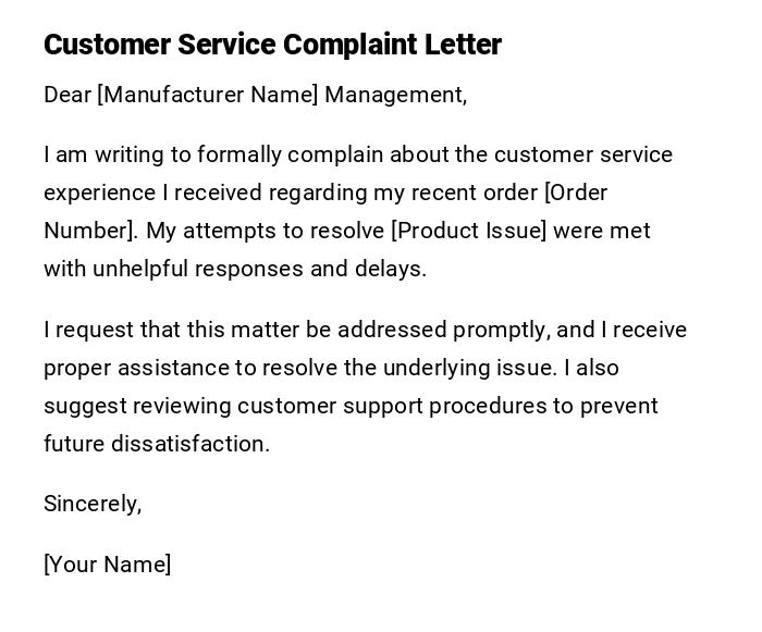 Customer Service Complaint Letter Customer Service Complaint Letter