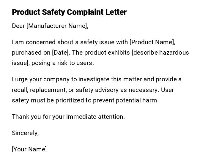 Product Safety Complaint Letter Product Safety Complaint Letter