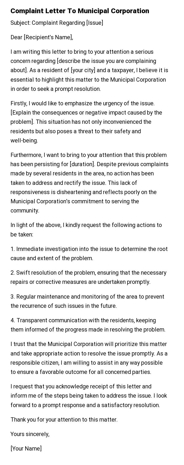 Complaint Letter To Municipal Corporation