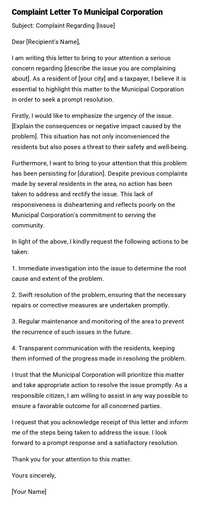 Complaint Letter To Municipal Corporation