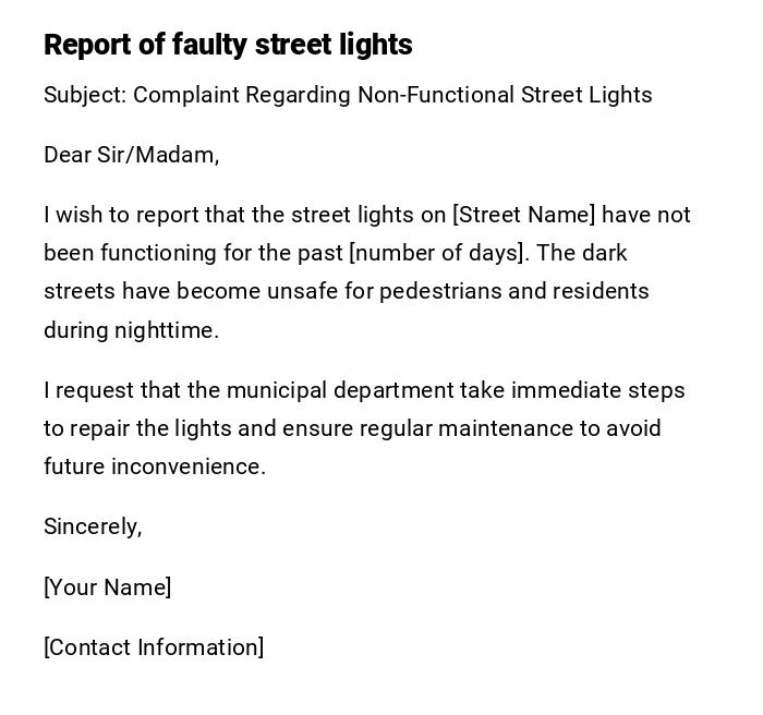 Report of faulty street lights