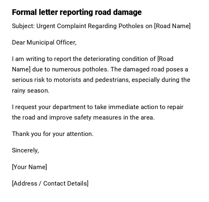 Formal letter reporting road damage