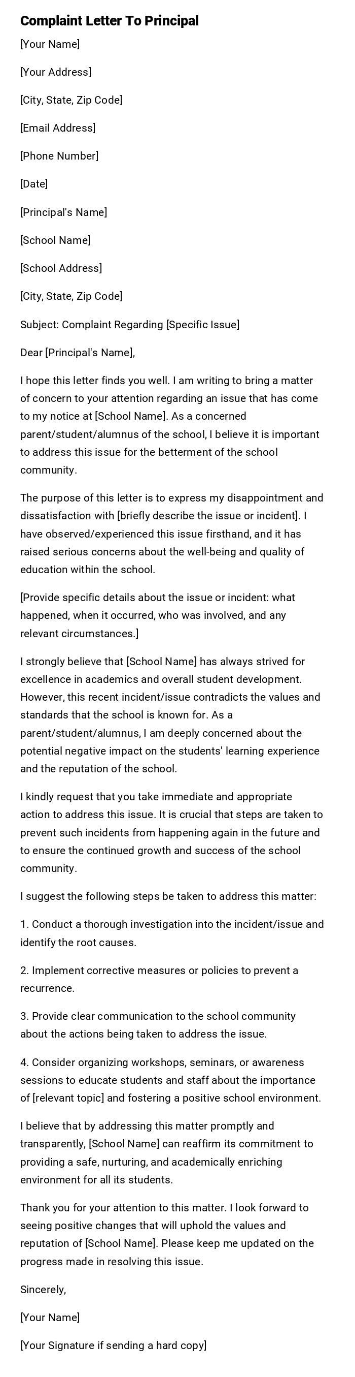 Complaint Letter To Principal