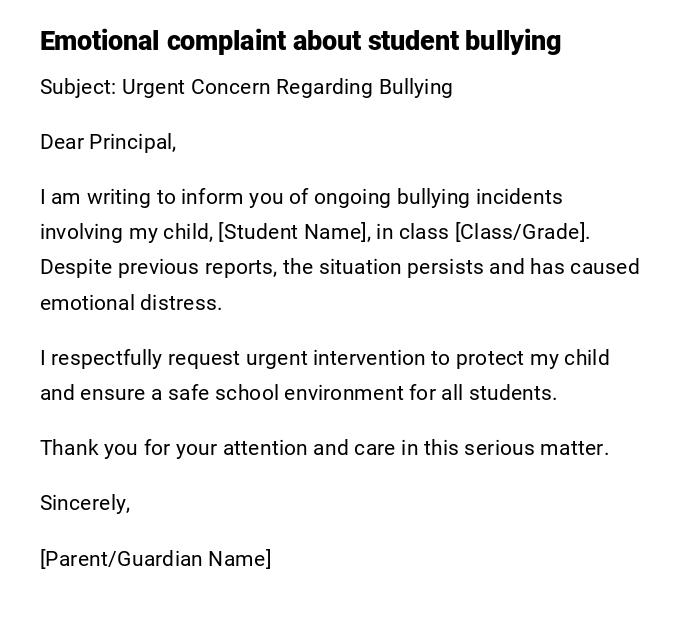 Emotional complaint about student bullying Emotional complaint about student bullying
