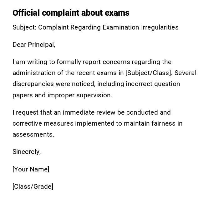 Official complaint about exams Official complaint about exams
