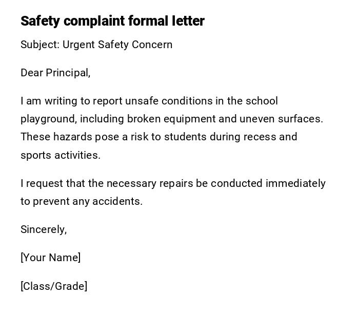 Safety complaint formal letter Safety complaint formal letter