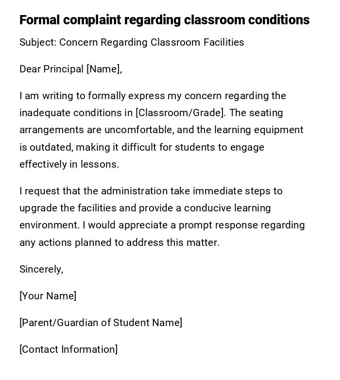 Formal complaint regarding classroom conditions