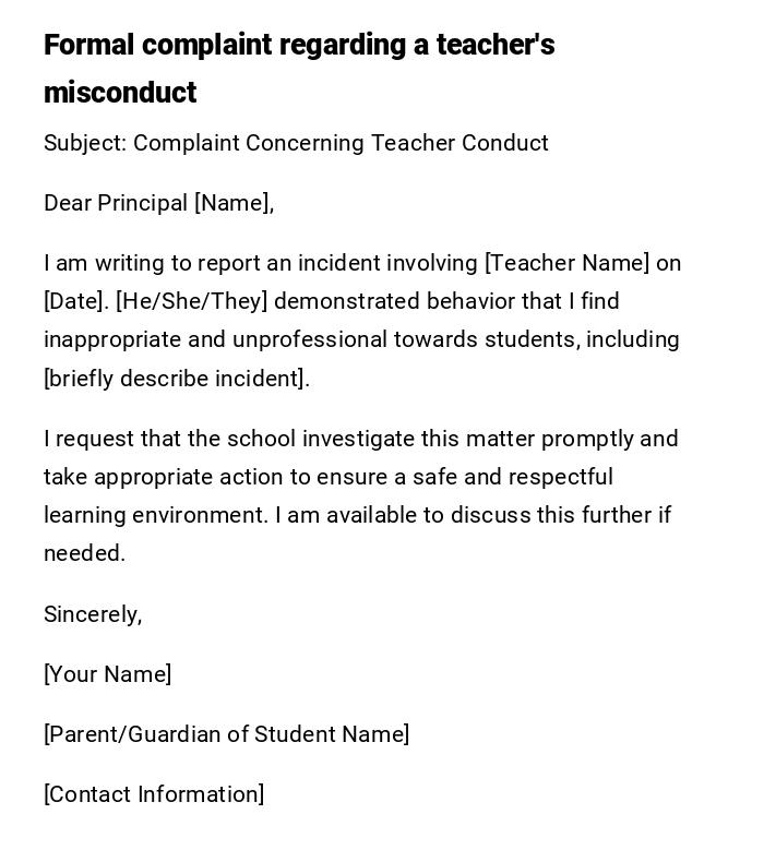 Formal complaint regarding a teacher's misconduct