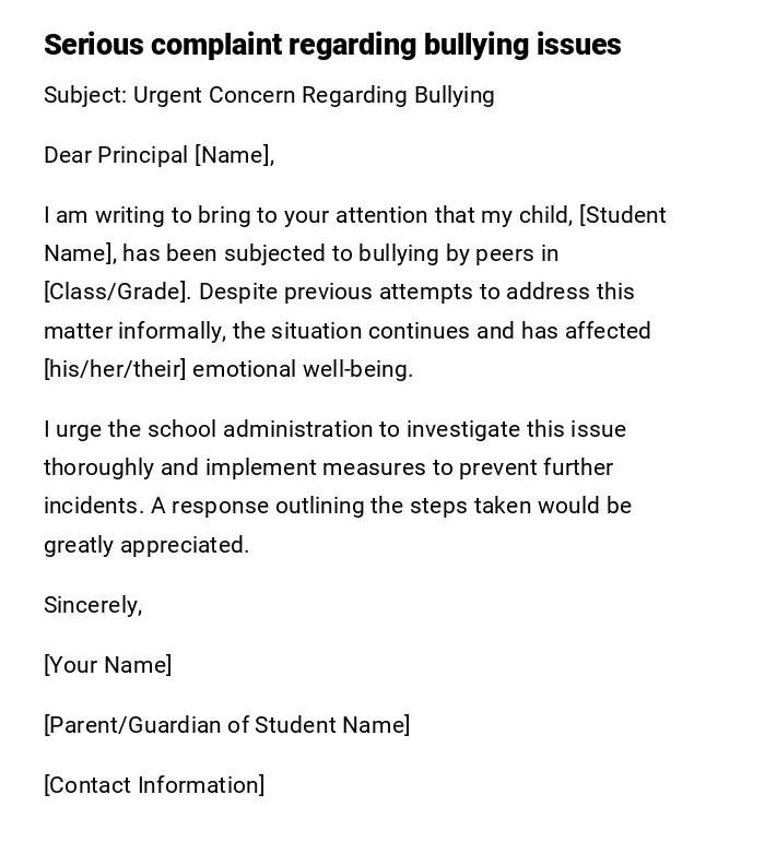 Serious complaint regarding bullying issues