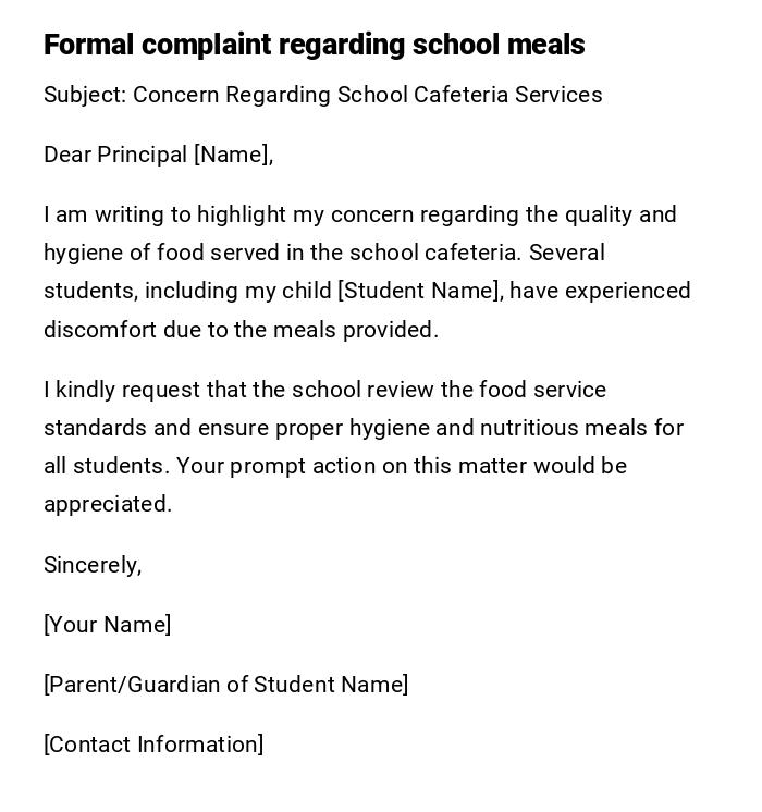 Formal complaint regarding school meals