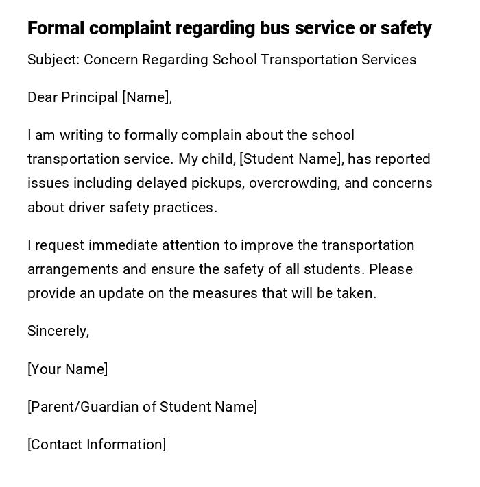 Formal complaint regarding bus service or safety
