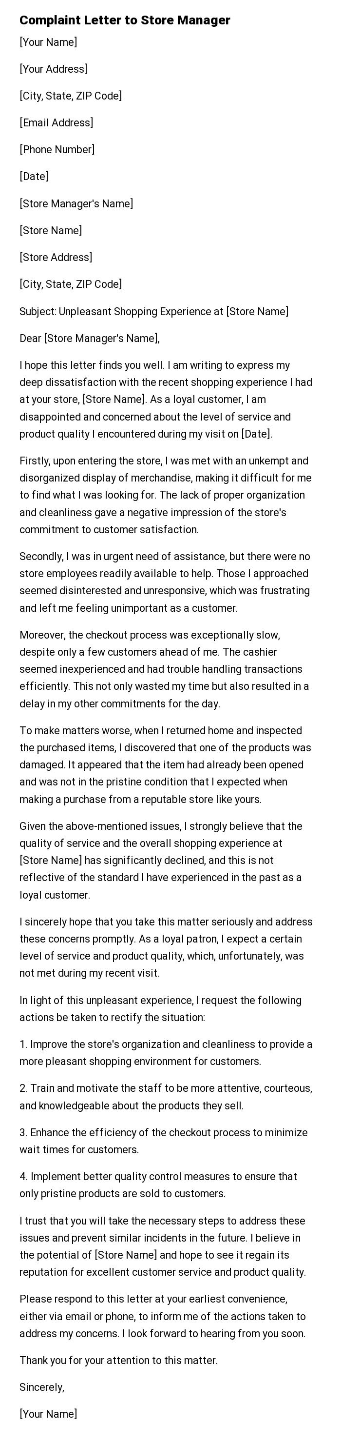 Complaint Letter to Store Manager