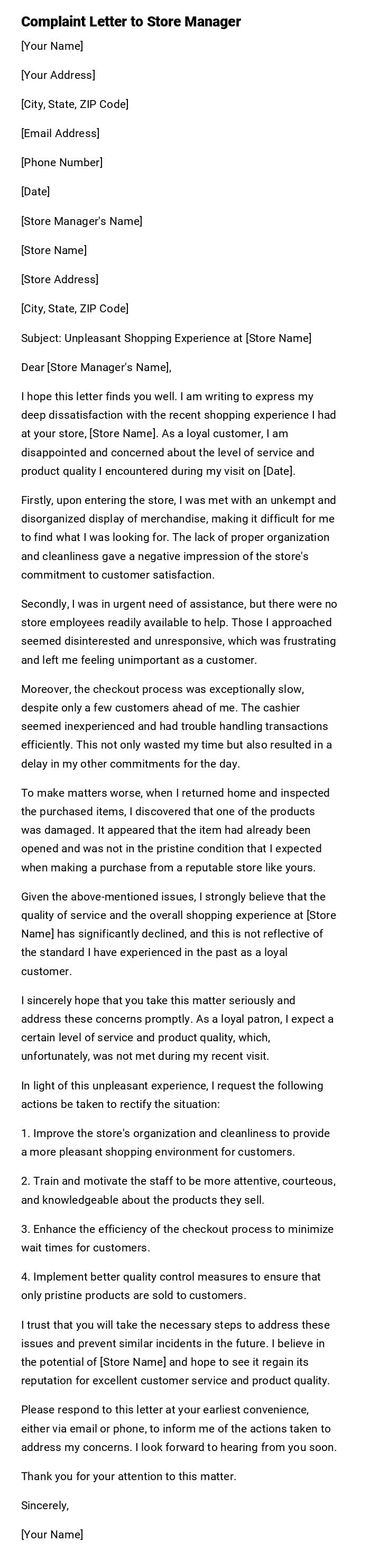 Complaint Letter to Store Manager