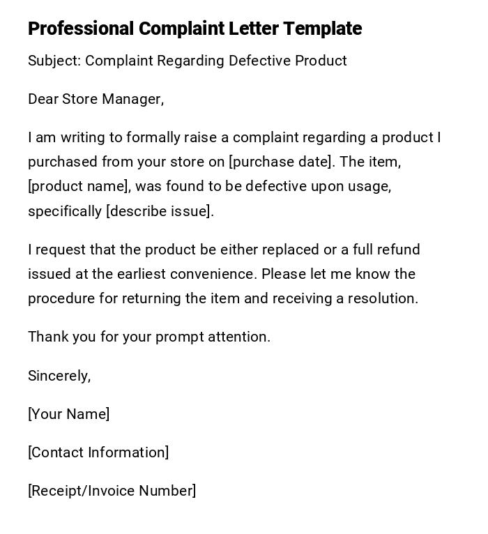 Professional Complaint Letter Template Professional Complaint Letter Template