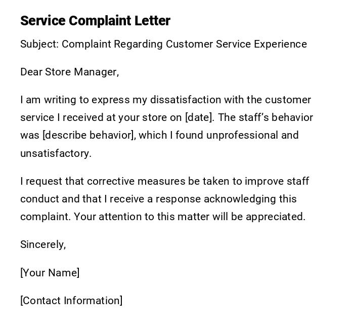 Service Complaint Letter Service Complaint Letter