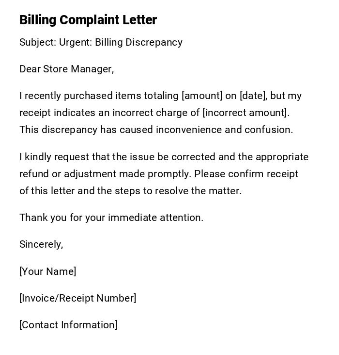 Billing Complaint Letter Billing Complaint Letter