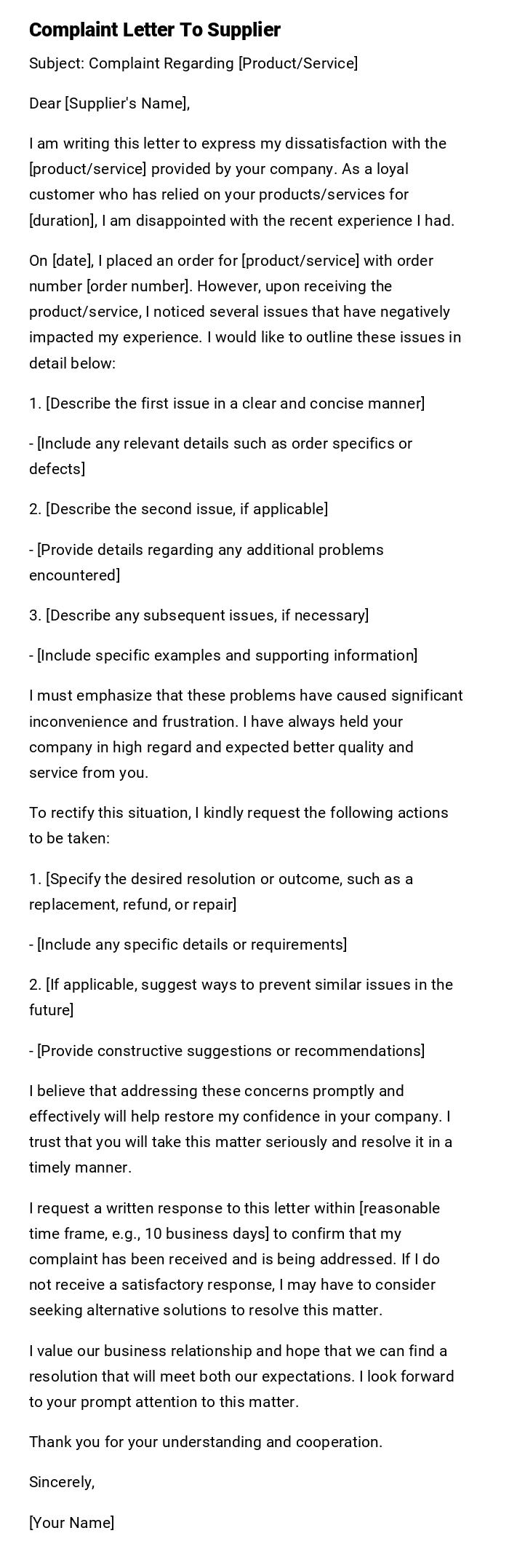 Complaint Letter To Supplier