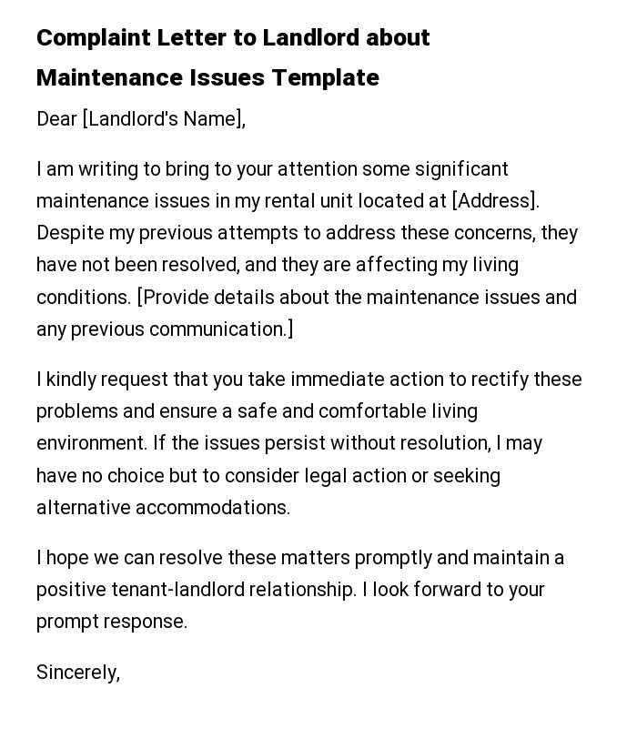 Complaint Letter to Landlord about Maintenance Issues Template