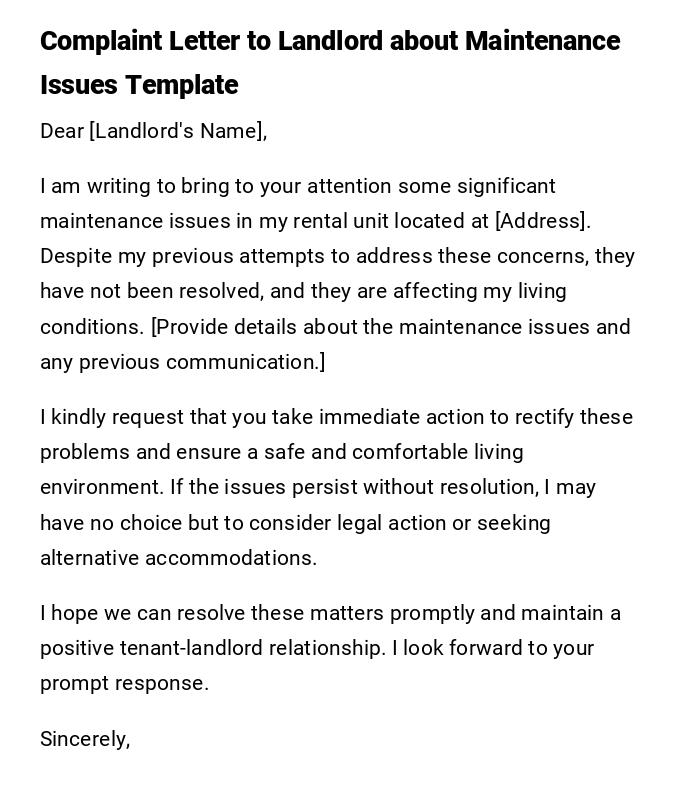 Complaint Letter to Landlord about Maintenance Issues Template