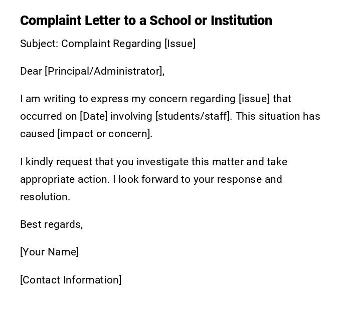 Complaint Letter to a School or Institution
