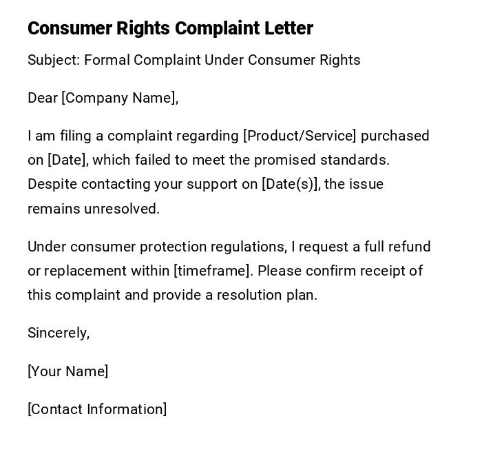 Consumer Rights Complaint Letter