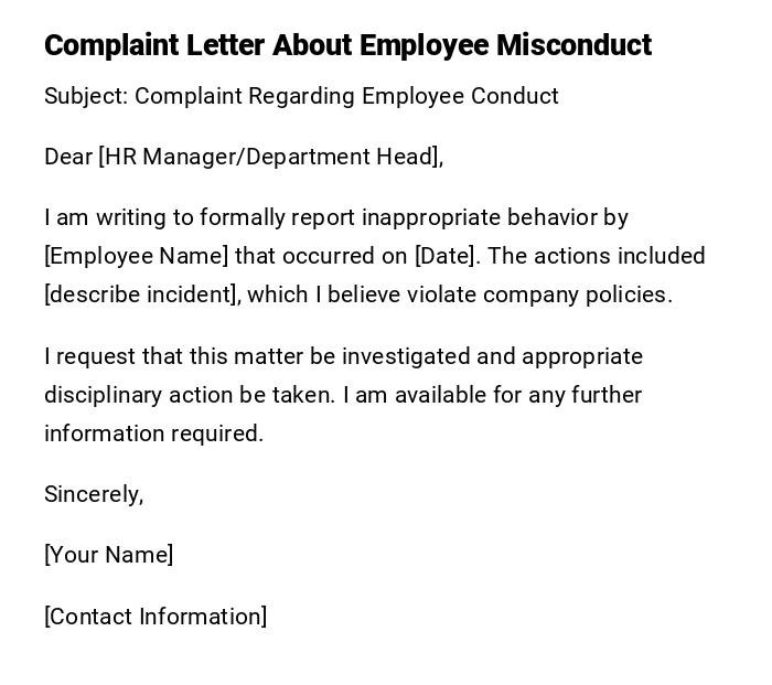 Complaint Letter About Employee Misconduct