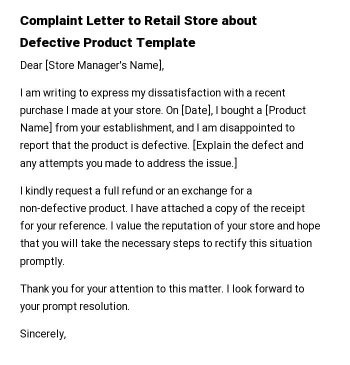 Complaint Letter to Retail Store about Defective Product Template