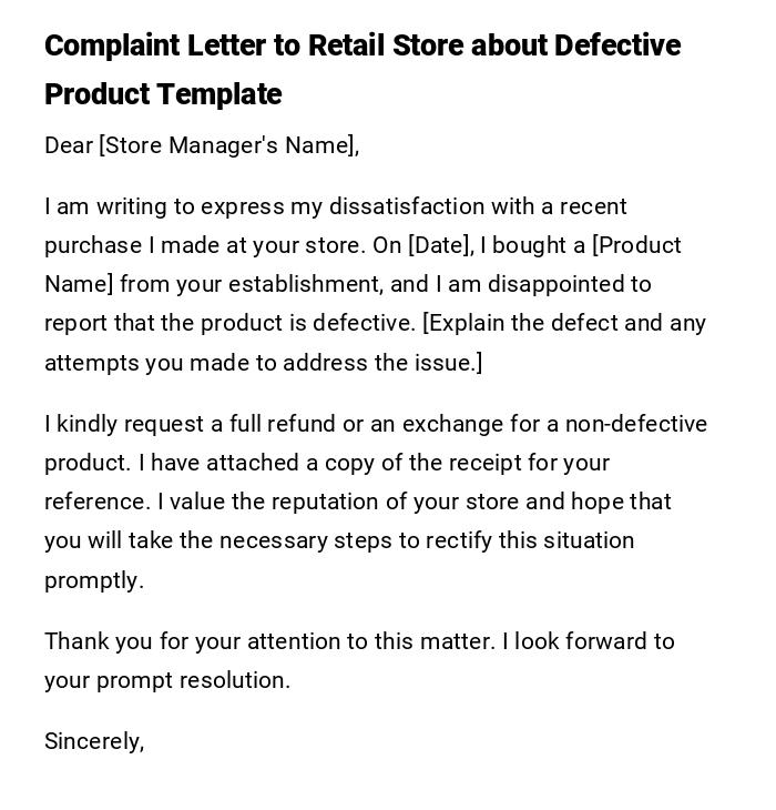 Complaint Letter to Retail Store about Defective Product Template