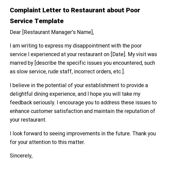 Complaint Letter to Restaurant about Poor Service Template