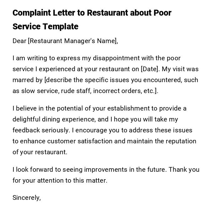 Complaint Letter to Restaurant about Poor Service Template