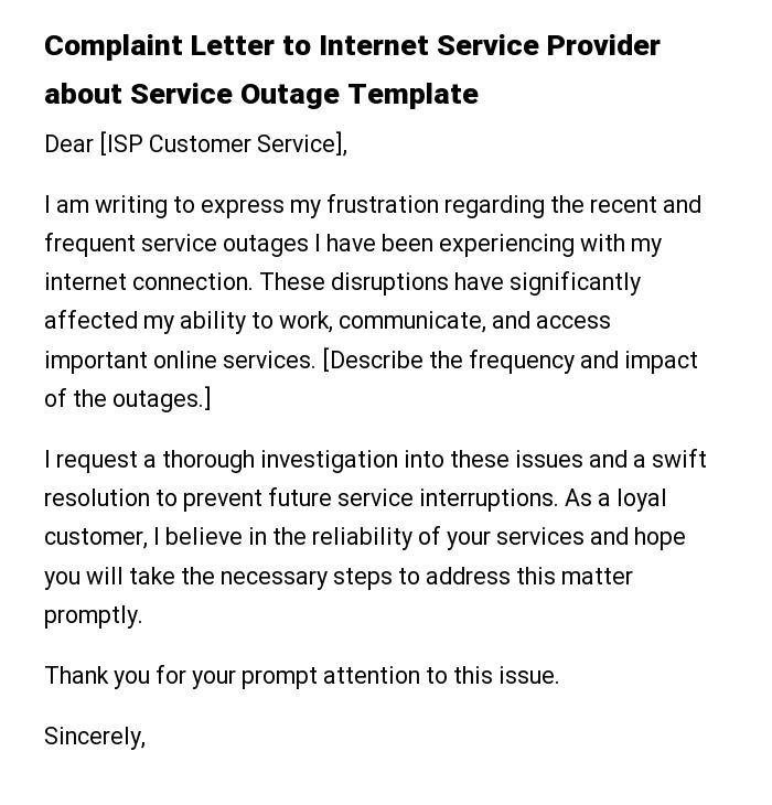 Complaint Letter to Internet Service Provider about Service Outage Template
