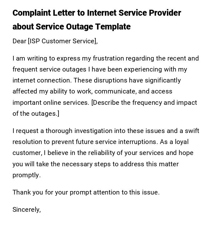 Complaint Letter to Internet Service Provider about Service Outage Template