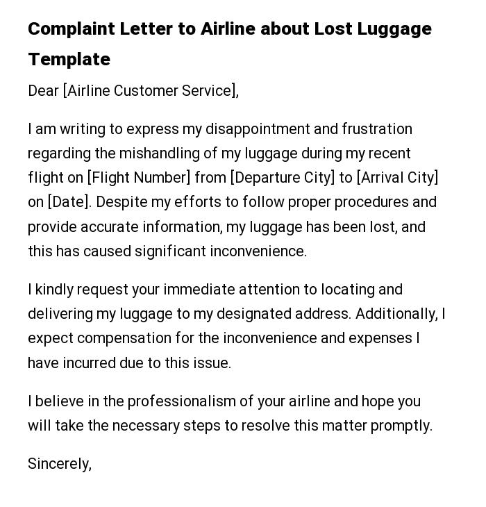 Complaint Letter to Airline about Lost Luggage Template