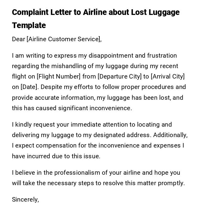 Complaint Letter to Airline about Lost Luggage Template