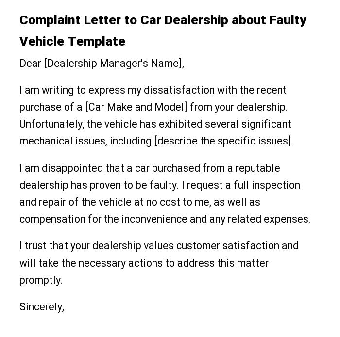 Complaint Letter to Car Dealership about Faulty Vehicle Template