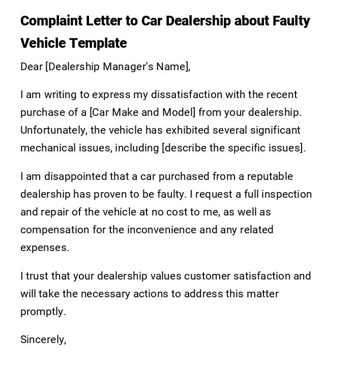 Complaint Letter to Car Dealership about Faulty Vehicle Template