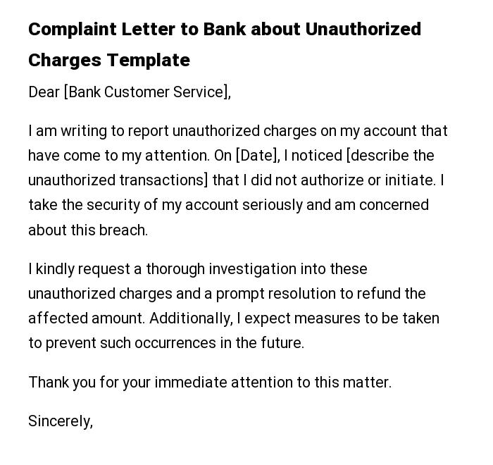 Complaint Letter to Bank about Unauthorized Charges Template
