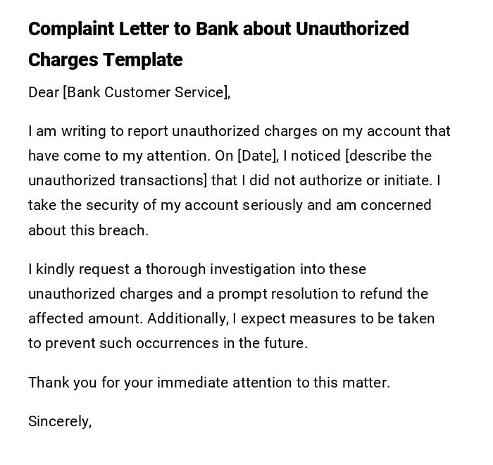 Complaint Letter to Bank about Unauthorized Charges Template