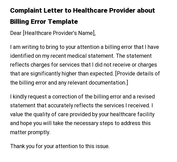 Complaint Letter to Healthcare Provider about Billing Error Template