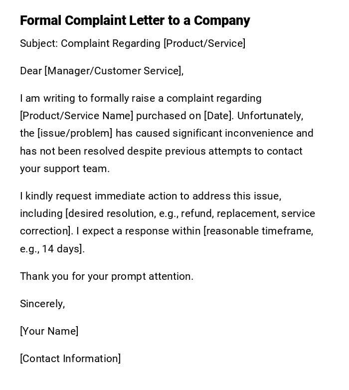 Formal Complaint Letter to a Company