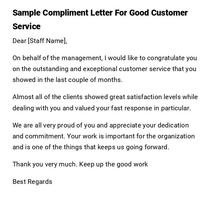 Sample Compliment Letter For Good Customer Service