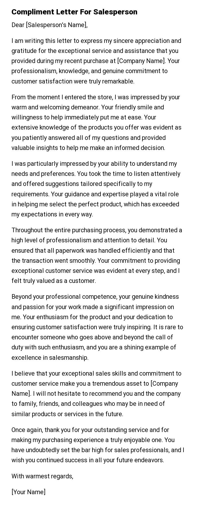 Compliment Letter For Salesperson