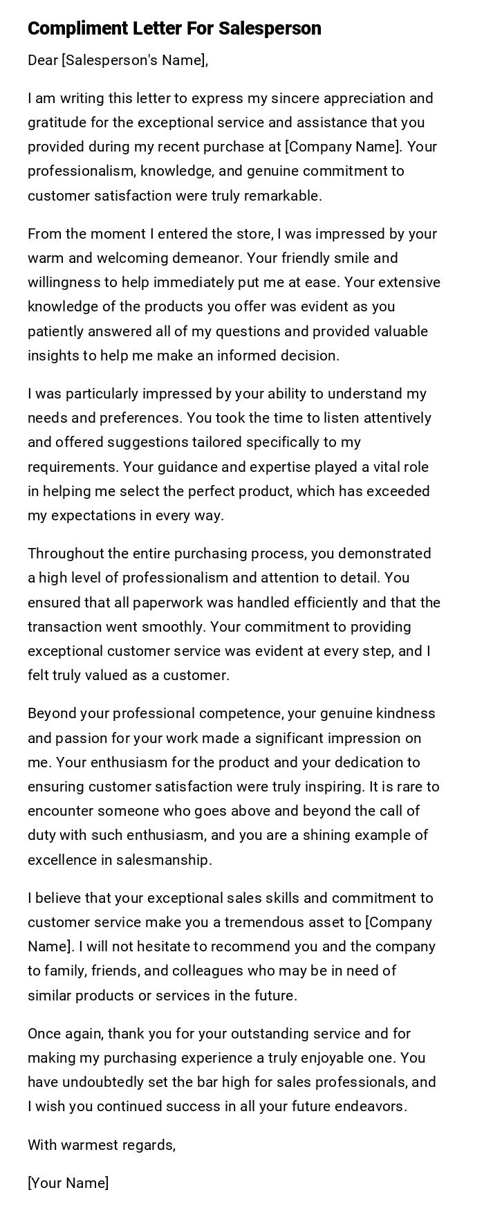 Compliment Letter For Salesperson