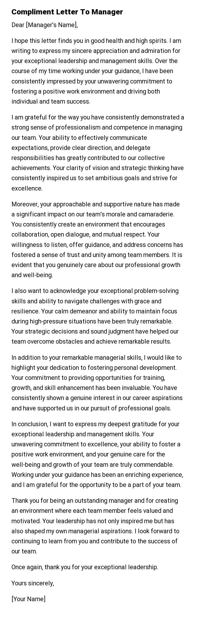 Compliment Letter To Manager