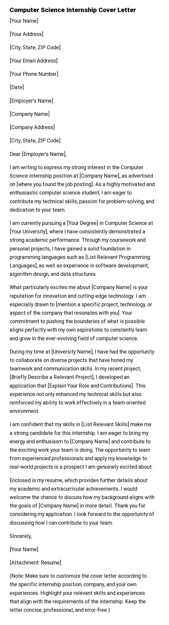Computer Science Internship Cover Letter
