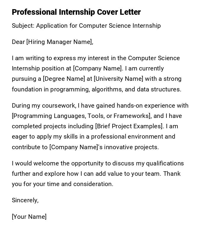 Professional Internship Cover Letter Professional Internship Cover Letter
